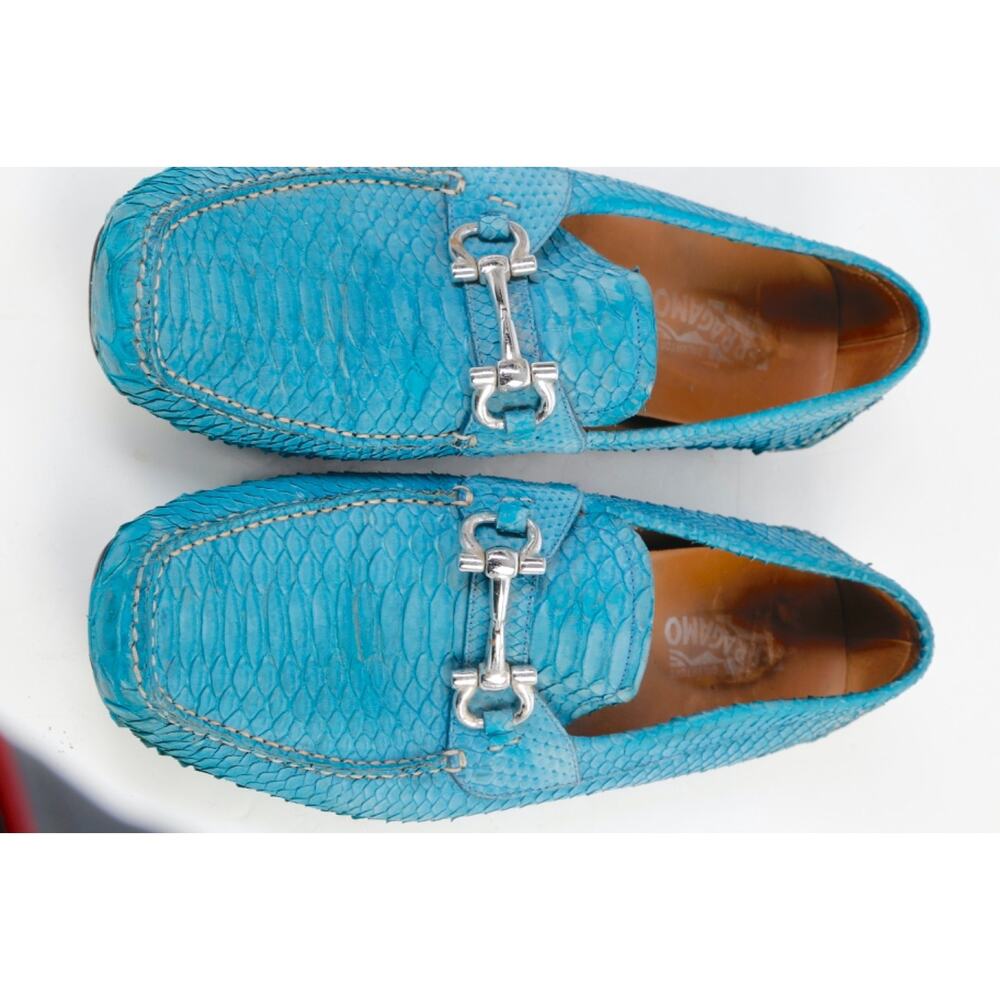 Salvatore Ferragamo Loafers 13 D Blue Python Snakeskin Gancini Bit Driving Shoes - Picture 11 of 16